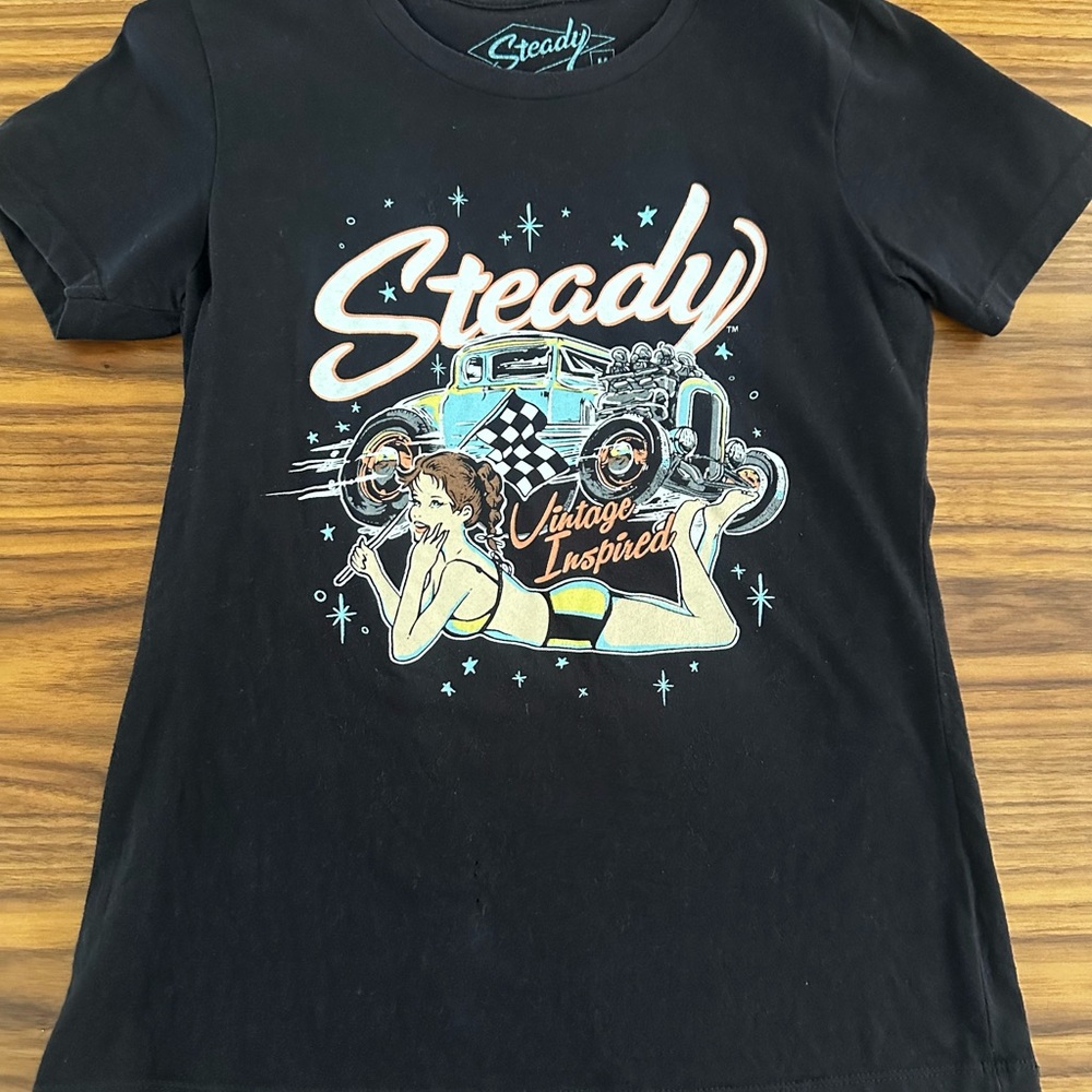 Women’s Steady Clothing Black Vintage Hot Rod & Pinup T-Shirt Size Medium